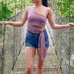 one shoulder tie cut out tank top purple